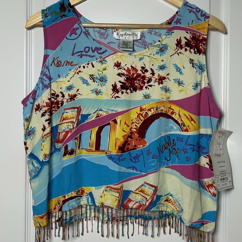 Key Lime Pie Boardwalk Novelty Print Beaded Fringe Crop Tank Boho Festival Style